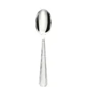 Silver spoon with elongated oval bowl and faceted handle, polished reflective surface, studio shot on white background.