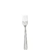 Silver fish fork with four tines, slender curved handle, vertical fluting, and polished reflective sheen against a white backdrop.