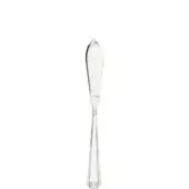 Silver fish knife with curved blade and fluted, tapering handle, studio shot on white background, polished metallic sheen.