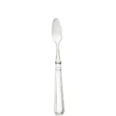 Sterling silver shellfish knife with curved oval blade, rectangular handle, vertical ribbing, and polished reflective sheen against white backdrop.