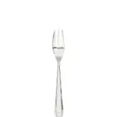 Silver dessert fork with reflective polish, three rounded tines, and a hexagonal-based handle featuring subtle vertical grooves.