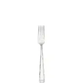 Silver fruit fork with four tines, slender curved handle, stepped design, and polished hexagonal base against a white backdrop.