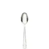 Silver fruit spoon, polished metal, elongated oval bowl, fluted handle, faceted base, studio product shot, white background.