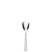 Silver ice cream spoon with rounded bowl, polished reflective surface, and slender handle featuring a geometric pattern near the flared base.