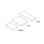 Metal tray set, aluminum, rectangular with indentations, labeled “LONG,” “BIG,” “MEDIUM” with blue arrows, isometric view, matte silver finish.