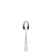 Silver teaspoon with oval bowl and slender, faceted handle, polished reflective surface against a white backdrop.