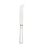 Silver cheese knife with flat blade, curved notch, and fluted handle, studio shot on white background, polished sterling silver finish.