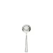 Silver cheese spoon with scalloped bowl and radiating ridges, polished finish, slender handle, centered on white background.