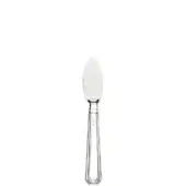 Parmesan knife, silver, teardrop blade with ribbed rectangular handle and “Rico” inscription, polished finish, minimalist design.