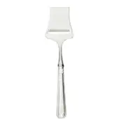 Parmesan cheese slicer, silver metal, rectangular blade with curved edge and fluted, ridged elongated handle.