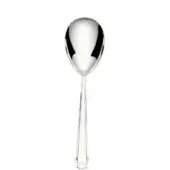 Silver serving spoon with oval bowl, polished stainless steel, slender hexagonal handle, vertical ridge detail, studio product shot.