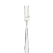 Silver serving fork with slender tines, faceted handle, and hexagonal base against a white backdrop.