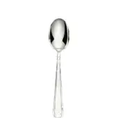 Silver serving spoon with polished oval bowl and slender handle, featuring vertical ridges and a rectangular base, studio shot.