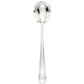 Silver spaghetti spoon with rounded bowl, scalloped edge, and faceted handle reflecting light on a white background.