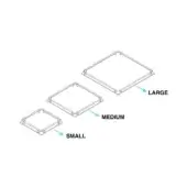 Square trays labeled large, medium, and small feature light-colored metal frames with rounded corners and recessed centers, displayed on a white background.