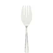 Silver serving fork with three tines, broad bowl, and hexagonal handle featuring vertical ridged texture, polished stainless steel.