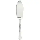 Silver fish serving knife, stainless steel, curved blade with fluted handle and geometric base, studio product shot.