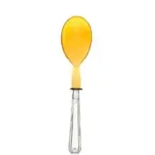 Serving spoon, natural horn bowl, silver-toned fluted handle, polished metallic sheen, amber translucent color, seamless transition, white background.