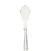 Serving spoon with clear plexiglass bowl and silver metal fluted handle, squared end, studio lighting, white background.