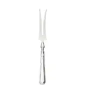 Silver carving fork with ribbed handle and curved tines, polished metallic sheen, classic formal design against a white backdrop.