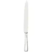 Carving knife with polished steel blade and ribbed silver-tone metal handle, studio shot, detailed marks visible on blade and base.
