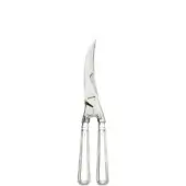 Poultry sheers with silver handles and stainless steel blades, featuring a toothed edge and ridged texture, studio shot.