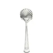 Silver-plated bread tongs with flared, scalloped head and curved ridges, polished reflective finish, slender neck, tapering handle.
