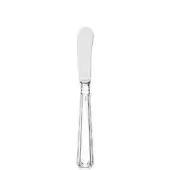 Silver butter knife with flat blade, fluted handle, and vertical grooves, displayed against a white backdrop.