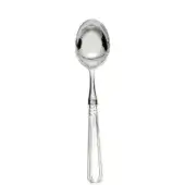Silver ice cream spoon with oval bowl, rectangular handle, vertical ridges, and pointed indentations on a white background.