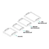 Foscari tray set, rectangular trays with dark gray frames and silver handles, arranged diagonally on a white background.