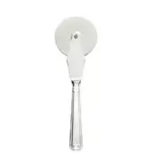 Pizza cutter, polished silver-toned stainless steel, elongated ridged handle with squared base and circular cutting wheel.