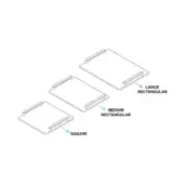 Acrylic tray set with silver handles, rectangular and square shapes, staggered isometric product view on white background.