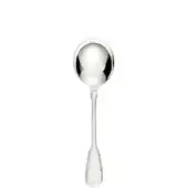 Silver soup spoon with rounded bowl and heart-shaped handle, studio shot on white background, polished metal, elegant design.