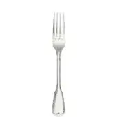 Silver table fork with four tines, curved neck, and heart-shaped handle featuring a polished, reflective stainless steel finish.