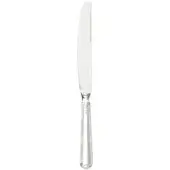 Table knife, polished silver-tone, curved blade with ridged elongated handle and rounded bolster, studio product shot.