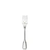 Silver fish fork with three tines, curved neck, and tapered handle featuring a heart-shaped detail, polished reflective finish.