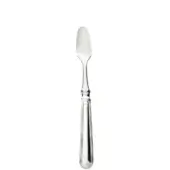 Sterling silver shellfish knife with curved oval blade, ridged elongated handle, and heart-shaped base, displaying polished metallic finish.
