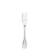 Silver dessert fork with heart-shaped handle, three rounded tines, and polished metal finish against a white backdrop.
