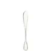 Silver dessert knife with rounded blade, curved handle, and floral motif, polished reflective finish for formal dining.
