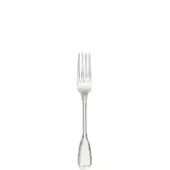 Silver fruit fork with four tines, rounded handle, and heart-shaped cutout, polished metal finish on white background.