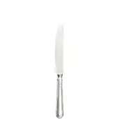 Silver fruit knife with curved blade, ribbed handle, and polished metallic finish against a white backdrop.