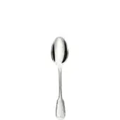 Silver fruit spoon, stainless steel, oval bowl, heart-shaped finial, polished reflective surface, slender handle, symmetrical design.