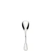 Silver ice cream spoon with rounded bowl and heart-shaped handle, polished reflective surface, against a white backdrop.