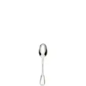 Silver coffee spoon with oval bowl and heart-shaped handle, polished metal, centered on white background, classic elegant design.
