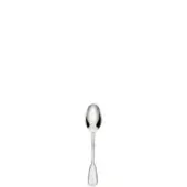 Silver coffee spoon with oval bowl and heart-shaped handle, polished stainless steel, centered on white background, elegant design.