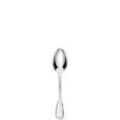Silver teaspoon with elongated oval bowl and heart-shaped handle, polished reflective surface against a white backdrop.