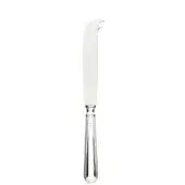 Cheese knife, silver-toned stainless steel, curved blade with notch and heart-shaped handle, engraved “SÖDER”, polished reflective finish.