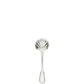 Silver cheese spoon with scalloped, perforated bowl and heart-shaped handle, presented on a white background.