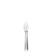 Silver parmesan fork with three curved tines, fluted handle, and polished metallic sheen displaying stamped markings against a white backdrop.