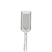 Stainless steel parmesan grater, rectangular shape, with circular holes and curved fluted handle, polished metallic finish.